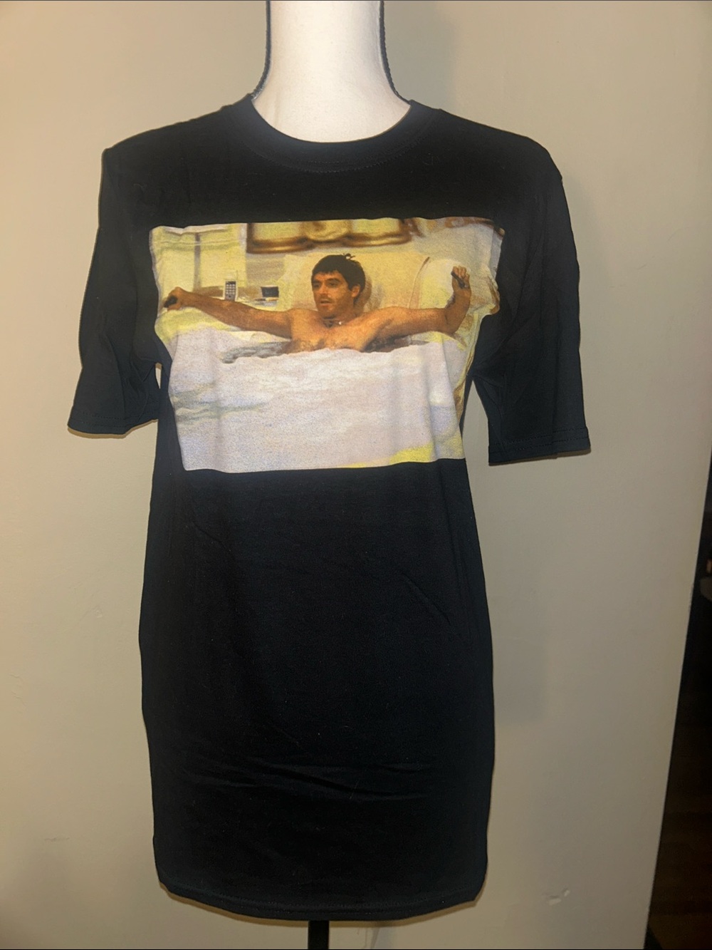 Black Short Sleeve Graphic Tee with Bed Scene Print